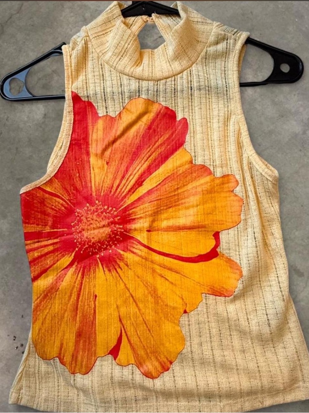 Yellow Sleeveless Rib Knit Tank with Bold Orange Floral Print